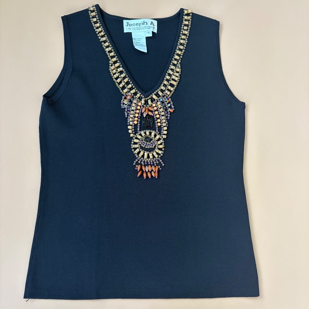Joseph A Womens Black Beaded Bib Stretch Sleeveless Knit Top Size M Wood Crystal
